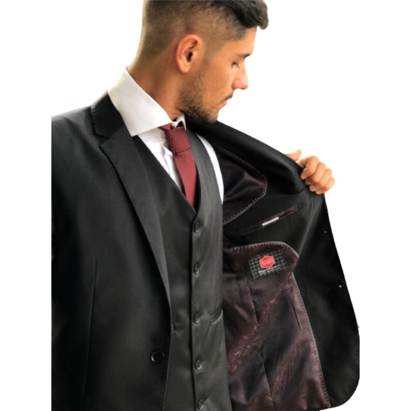 Terno Slim Masculino Poliviscose Preto Brilho - Paleto+calça+colete